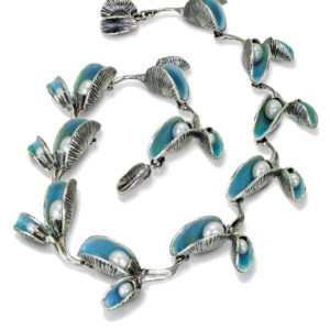 Double emerging necklace with blue vitreous enamel in sterling silver by Pam Fox