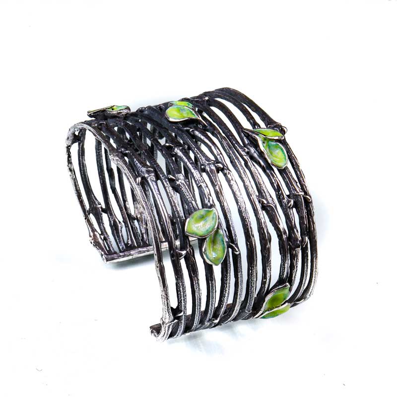 Vine bracelet with oxidized sterling silver and vitrious enamel by pam fox