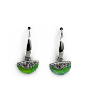 Long fan earrings with green vitreous enamel and sterling silver