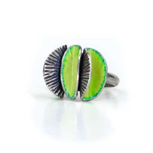 Sterling silver and green vitreous enamel ring by Pam Fox