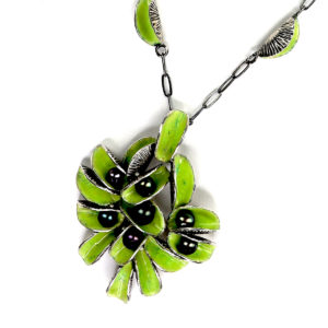 Framed Emerging lime pearl pendant in oxidized silver peacock pearl and vitreous enamel