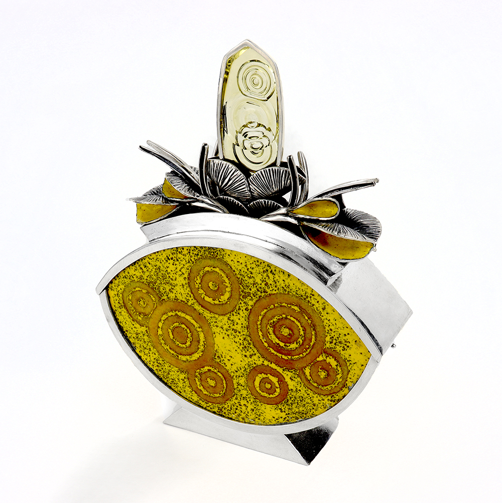 ripple vessel contains pendant in carved citrine, hand made chain silver and vitreous enamel by pam fox